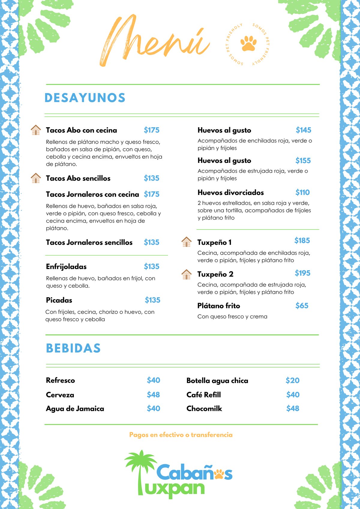 Menú Cabañas Tuxpan